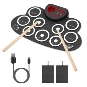 10 Pads Electric Drum Set Foldable 10-Drum Silicon Drum Kit Foldable Electronic Drum Pad Machine with Drum Sticks Headphone Jack Speaker Battery Dual-