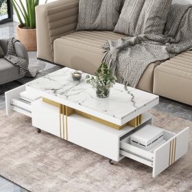 [VIDEO provided] ON-TREND Contemporary Coffee Table with Faux Marble Top, Rectangle Cocktail Table with Caster Wheels