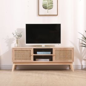 SUPERJARE Boho TV Stand for 55 Inch TV, Entertainment Center with Adjustable Shelf,Real Rattan TV Console with 2 Cabinets, Media Console