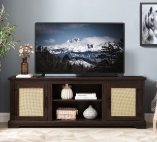 Farmhouse Rattan TV Stand Console Table for TVs up to 70 Inches, TV Console Table with 2 Storage Shelves, 2 Natural Rattan Door Cabinets