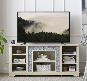 Mantel Stone TV Media Stand with with Faux Stacked Stone Surround, Modern Entertainment Console with Open Storage Space,WHITE, 58.31"W*15.39"D*26.06"H