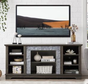 Mantel Stone TV Media Stand with with Faux Stacked Stone Surround, Modern Entertainment Console with Open Storage Space,Grey, 58.31"W*15.39"D*26.06"H