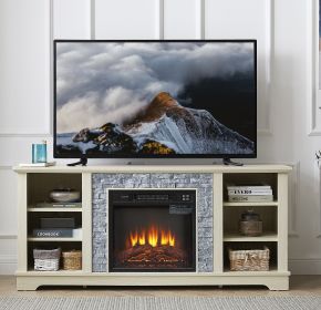 Mantel Electric Fireplace Stone TV Media Stand, Open Storage Modern Entertainment Console Space with 18" Fireplace Insert, White