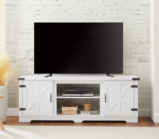 Modern Farmhouse TV Media Stand, Large Barn Inspired Home Entertainment Console, for TV Up to 70'', with Open Shelves and Closed Cabinets, White