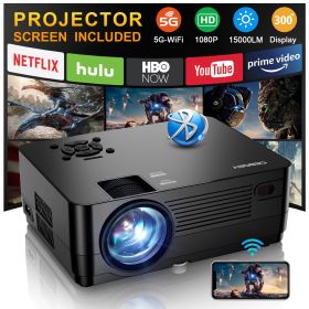 5G WiFi Bluetooth Native 1080P Projector[Projector Screen and Bag Included], 15000LM Full HD Movie Projector, 300" Display Support 4k Home Theater