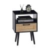 15.75" Rattan End table with drawer and solid wood legs, Modern nightstand, side table for living room, bedroom, black