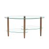 Transparent Oval glass coffee table, modern table in living room Oak wood leg tea table 3-layer glass table