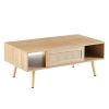 41.34" Rattan Coffee table, sliding door for storage, solid wood legs, Modern table for living room , natural