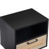 15.75" Rattan End table with drawer and solid wood legs, Modern nightstand, side table for living room, bedroom, black