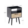 15.75" Rattan End table with drawer and solid wood legs, Modern nightstand, side table for living room, bedroom, black