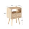 15.75" Rattan End table with drawer and solid wood legs, Modern nightstand, side table for living room, bedroom,natural