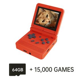 v90 Black Version 3-Inch IPS Screen Flip Handheld Console Open System Game Console 16 Simulators PS1 Children's gifts (Color: Red 64GB)