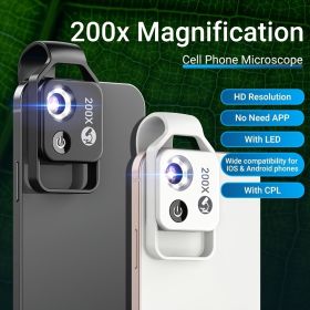 APEXEL HD 200X Microscope Macro Lens For Mobile Phone Magnification Portable Pocket With CPL Filter LED Light For IPhone Huawei Samsung Xiaomi Most Sm (material: Glass + Plastic, Color: White)