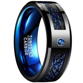 1pc 8MM Wide Inlaid Black Dragon Pattern Blue Carbon Fiber Men's Tungsten Ring USA Size 7-14 (size: 7.5)