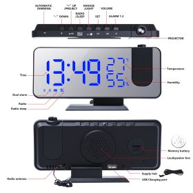 FM Radio LED Digital Smart Alarm Clock Watch Table Electronic Desktop Clocks USB Wake Up Clock with 180Â° Time Projection Snooze (Color: Black-Blue, Ships From: China)