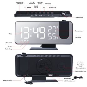 FM Radio LED Digital Smart Alarm Clock Watch Table Electronic Desktop Clocks USB Wake Up Clock with 180Â° Time Projection Snooze (Color: Black, Ships From: China)