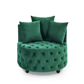 Velvet Upholstered Swivel Chair for Living Room, with Button Tufted Design and Movable Wheels, Including 3 Pillows (Color: Green)